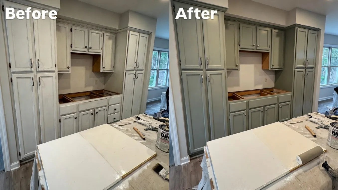 Before and after comparison of a kitchen renovation with new cabinets and appliances.