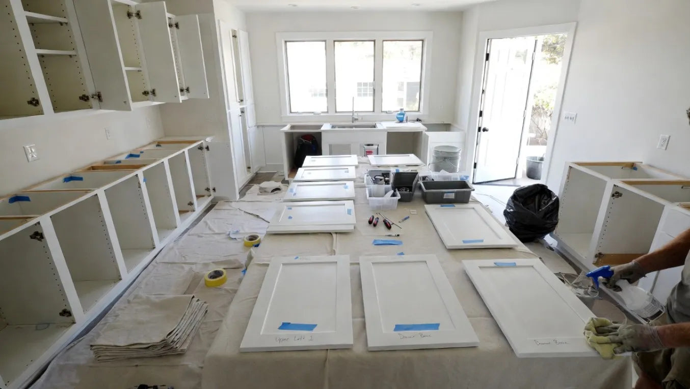 Kitchen renovation with white cabinets and tools on a table.