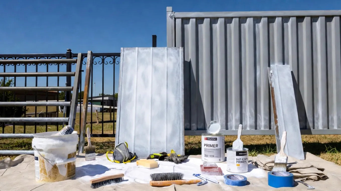 Painting supplies including brushes, a paint can, and a roller on a surface with a container and blue sky in the background.