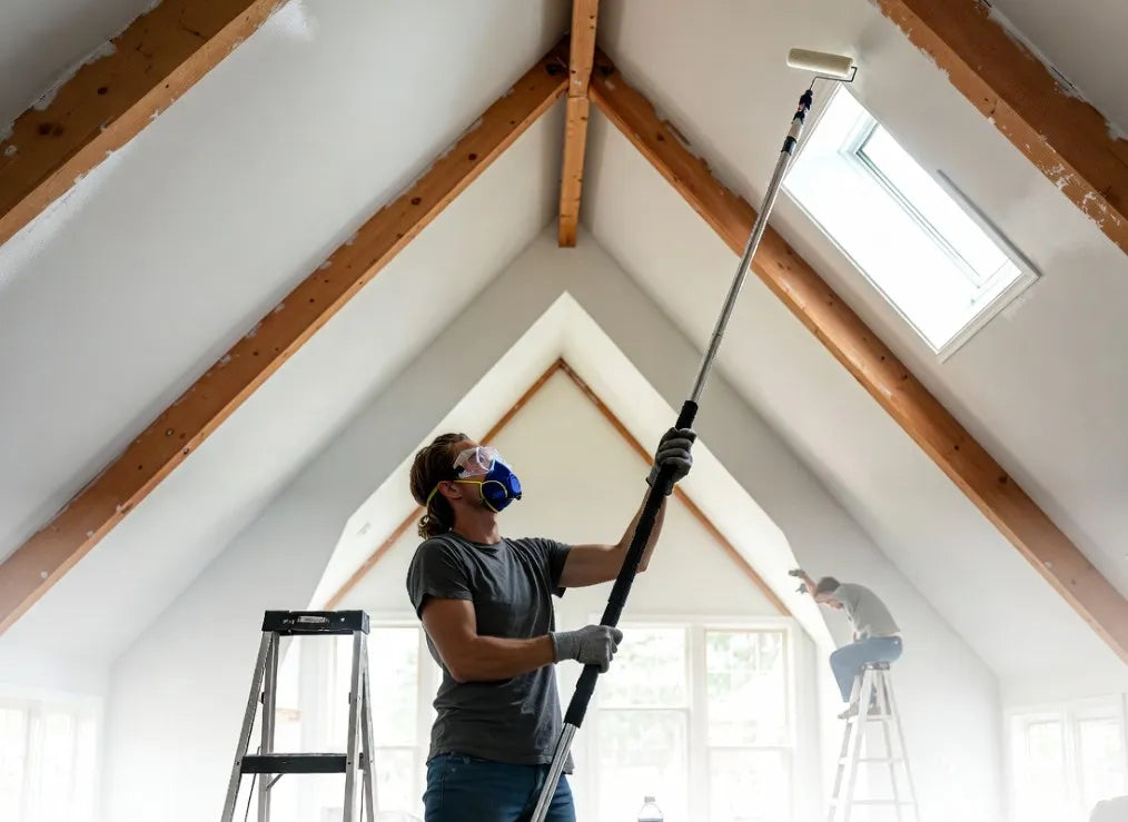 Person painting a skylight with a long-handled tool in a room with wooden beams and large windows.