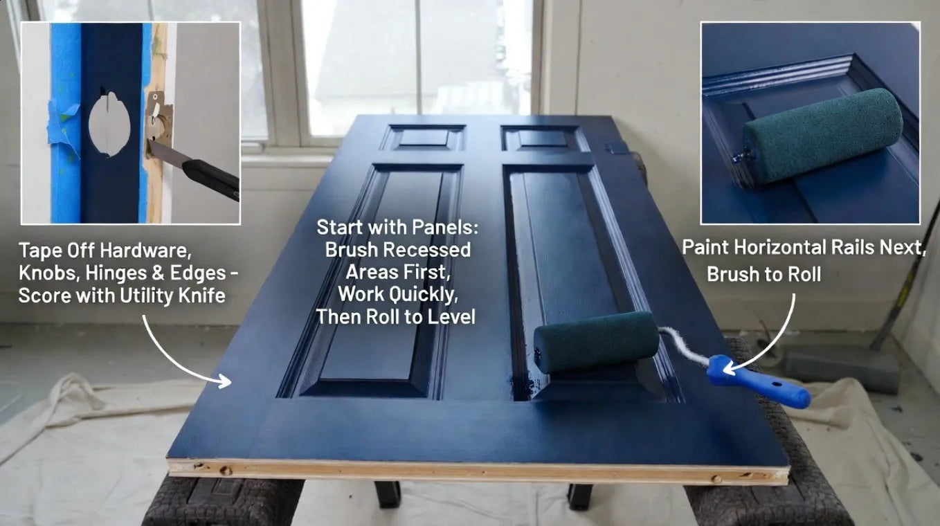Step-by-step guide on painting a door with text instructions and a roller tool.