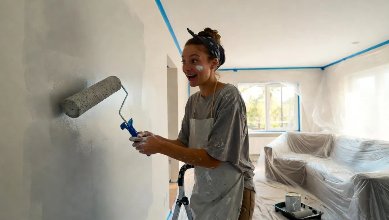 Woman painting a wall with a roller in a room under renovation.