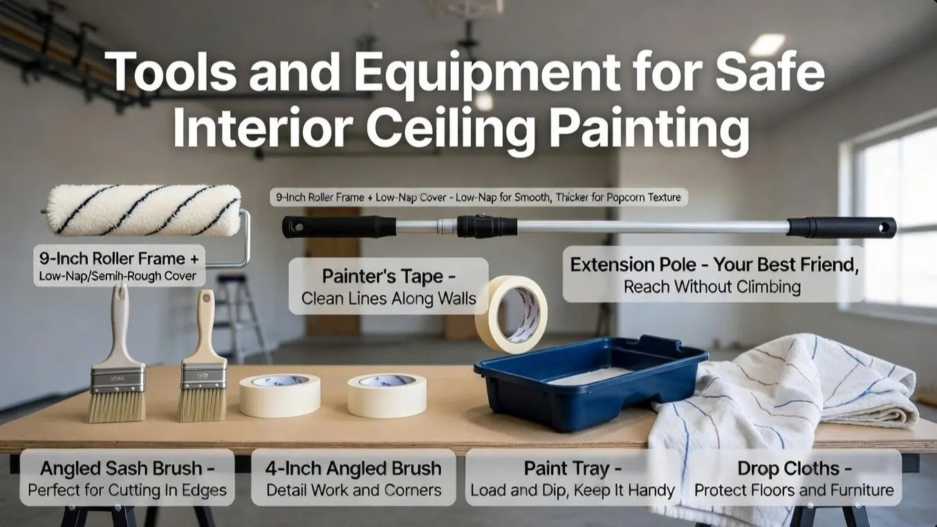 Tools and equipment for safe interior ceiling painting displayed on a table with a room in the background.