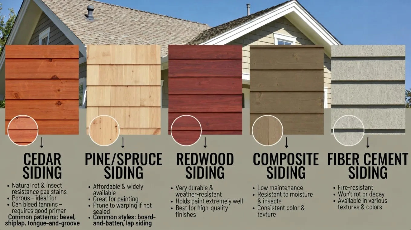 Comparison chart of different siding materials with a house in the background.