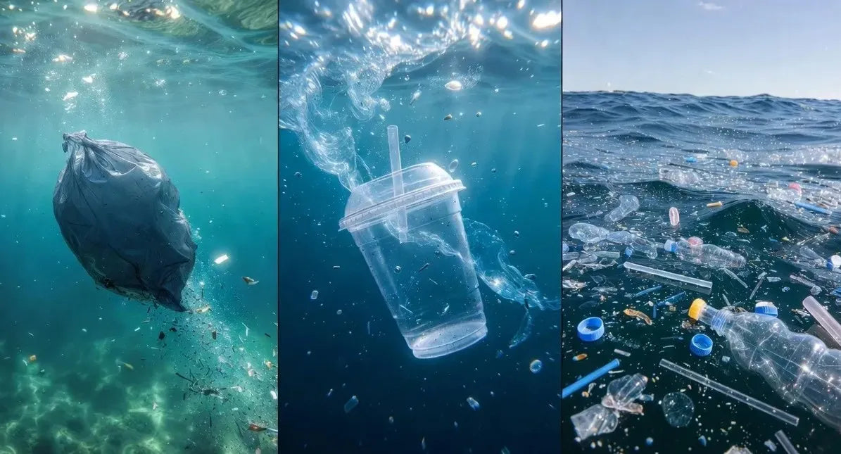 Plastic pollution in water with a collage of images showing plastic bags, cups, and bottles.