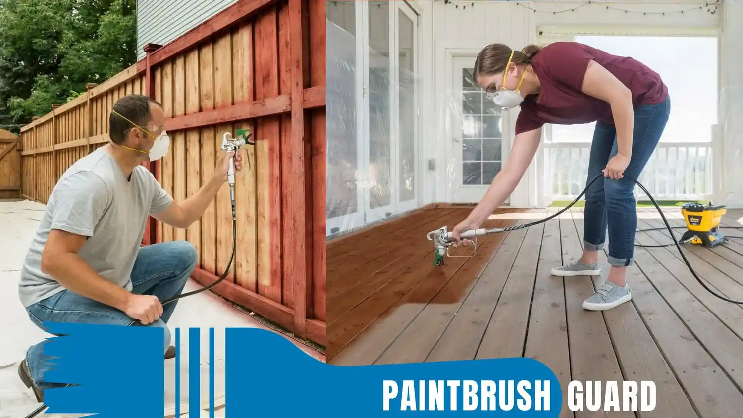 Two people painting a wooden deck with a paintbrush guard product overlay.