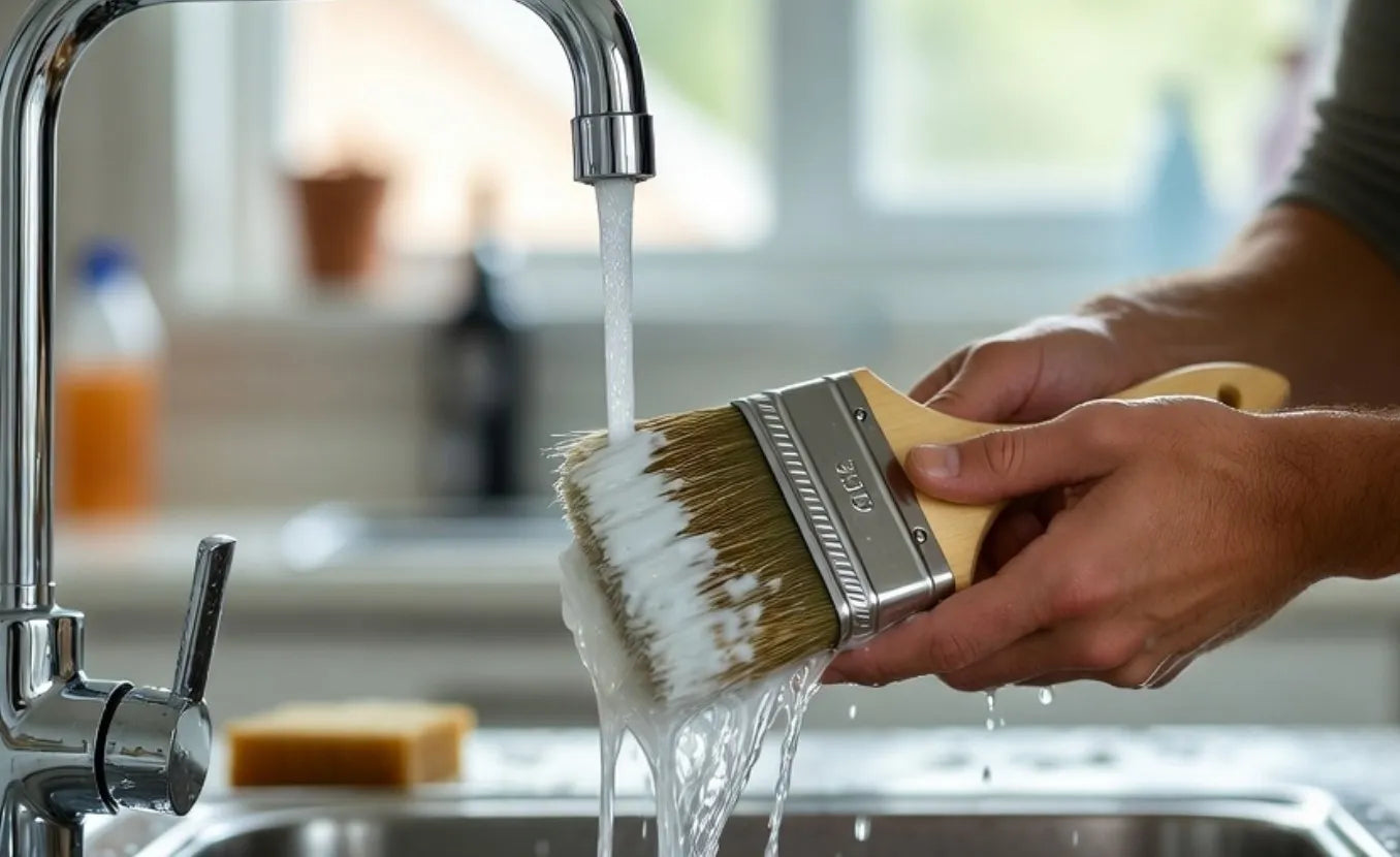 Person washing a paintbrush under running water in a kitchen sink.