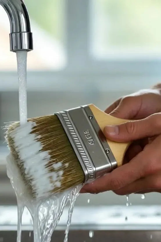 Person rinsing a paintbrush under running water from a faucet.