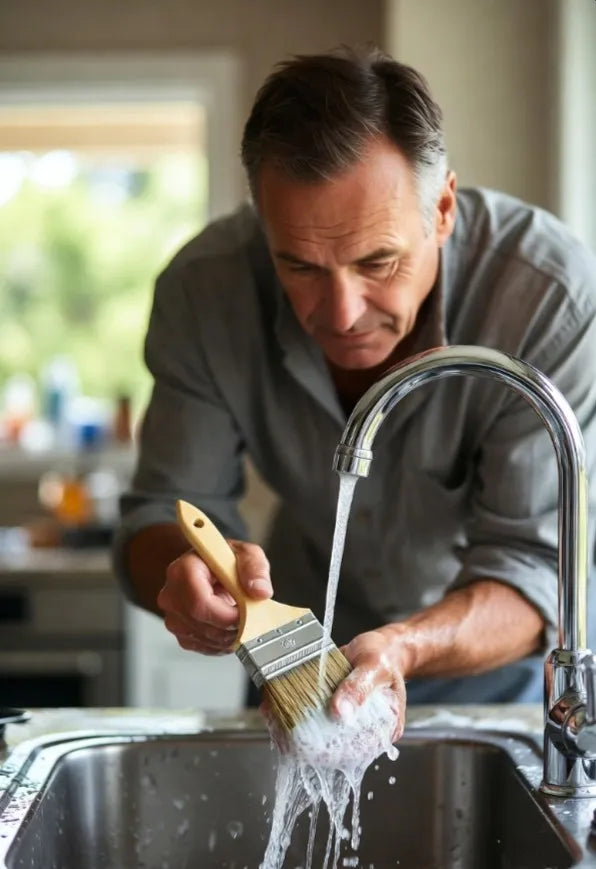 Man washing a paintbrush under running water in a kitchen sink.