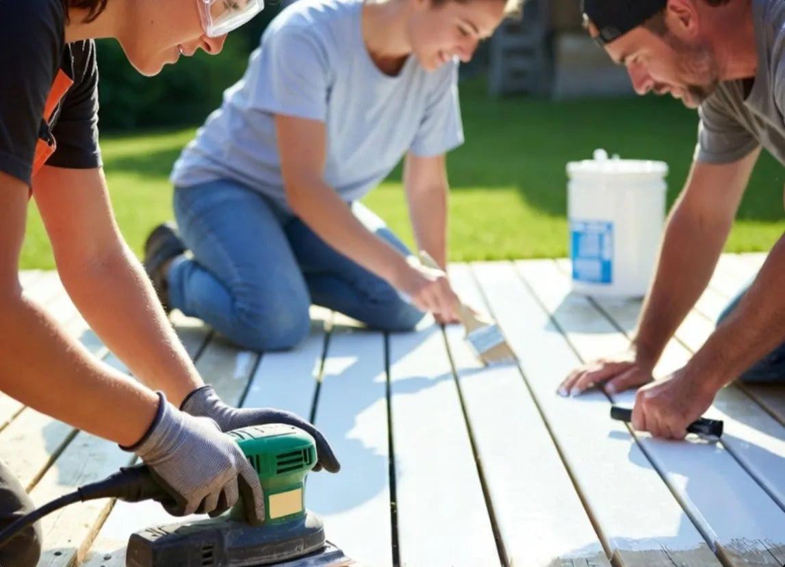 Three people working on a wooden surface outdoors, using tools.