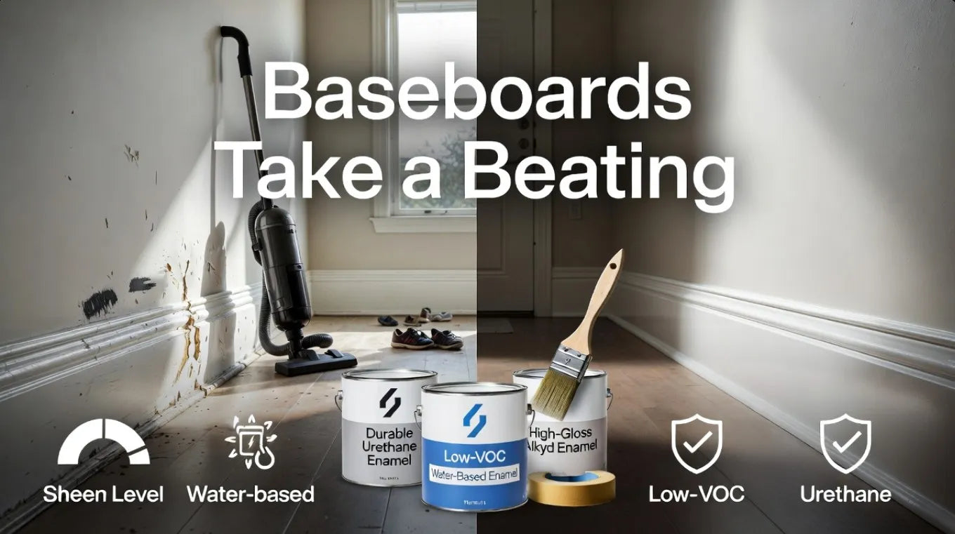 Durable baseboard paint with images of a room being cleaned and painted.